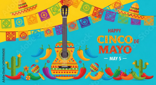 Vibrant cinco de mayo celebration background with guitar banners and cacti on blue