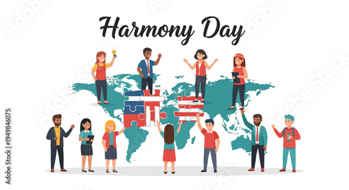 Illustration of diverse people celebrating Harmony Day with a world map and flags, promoting unity in diversity and multicultural harmony on a white background with vibrant colors.