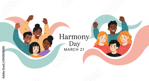 Illustration of diverse people celebrating Harmony Day on March 21 with colorful waves, conveying unity and multicultural harmony in a vibrant design.