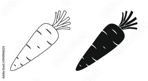 A simple black and white illustration depicts two carrots one light and one dark showcasing their elongated shapes and leafy tops