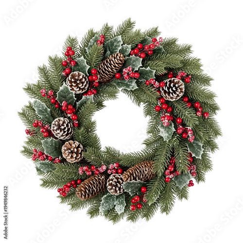 Festive Christmas Wreath Adorned with Pinecones Berries and Evergreen Branches