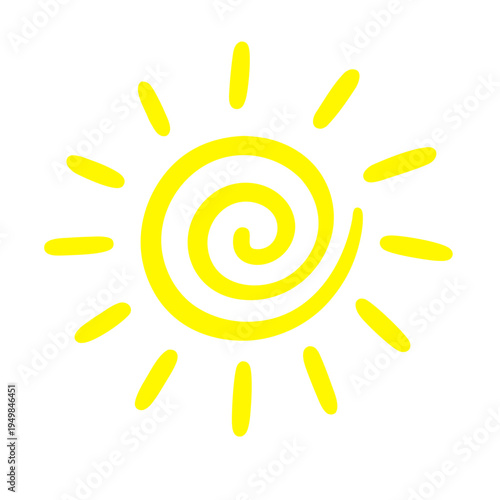 A stylized yellow sun with a spiral center and rays on a transparent background for a summer design