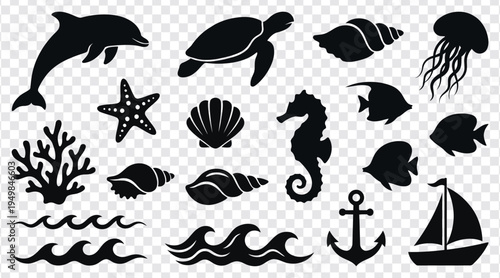 Set of underwater sea life and nautical icons featuring marine animals and objects isolated on clear background
