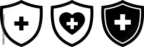 Three shields featuring variations of the medical and love symbols