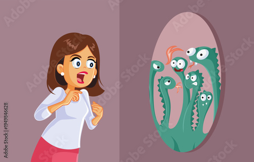 Angry Woman Looking the Mirror Seeing a Dragon Vector Illustration. Lady feeling furious having a choleric style and mean personality
