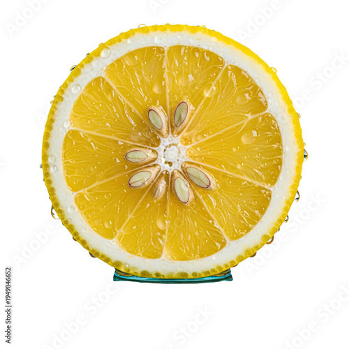 Fresh lemon slice with glistening water droplets on a transparent background