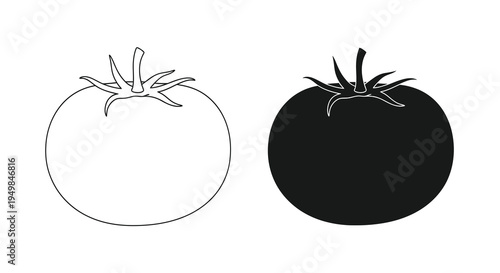 A simple black and white illustration depicts two tomatoes one light and one dark showcasing contrasting shades and forms high quality