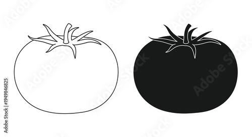 A stark black and white illustration depicts two tomatoes one light and one dark showcasing contrasting shapes and textures high quality