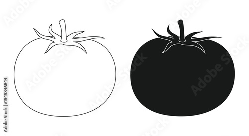 A minimalist depiction showcases two tomato illustrations one white with black lines and the other black creating a contrast