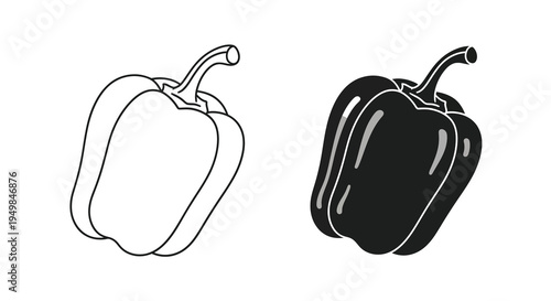 A simple black and white illustration depicts two bell peppers one light and one dark showcasing contrasting shades and forms