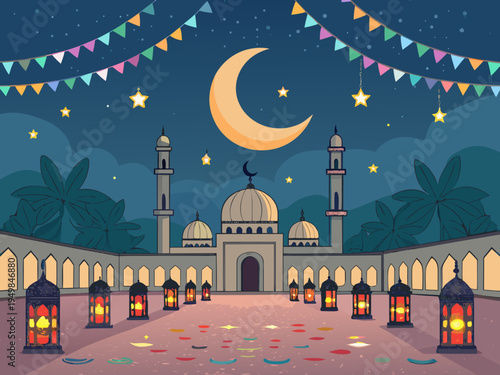 Vibrant flat vector illustration of a grand mosque courtyard illuminated by a luminous crescent moon and twinkling stars adorned with festive colorful bunting flags