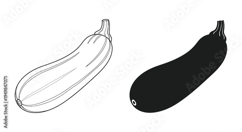 A contrasting depiction of two zucchini vegetables is shown one as a line drawing and the other as a solid silhouette