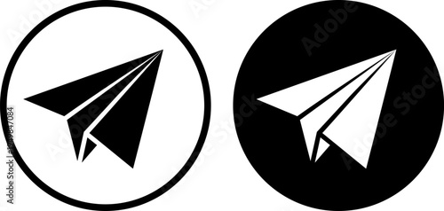 Contrasting paper airplane icons in circular frames with opposite color schemes