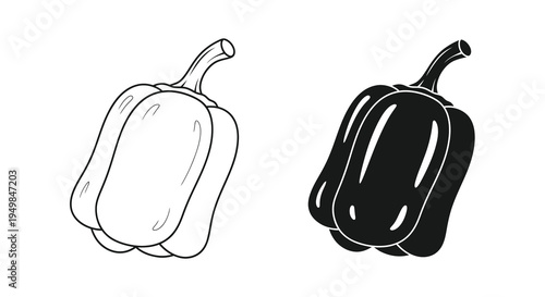 A simple black and white illustration depicts two bell peppers one with a white fill and the other solid black side by side