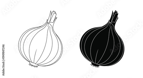 A simple black and white illustration depicts two onions one filled with white and the other with solid black shading