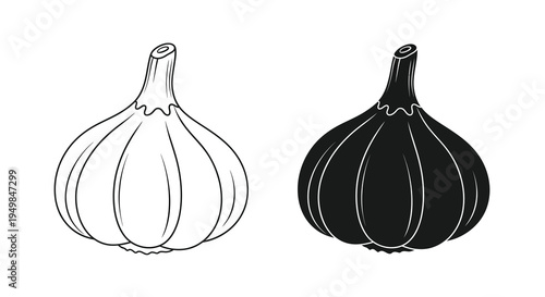 A minimalist black and white illustration depicts two garlic bulbs one light and one dark showcasing contrasting tones