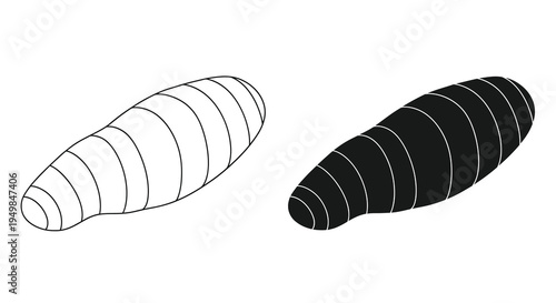 A striking black and white illustration depicts two elongated rounded forms with segmented curved lines creating a visual contrast high quality