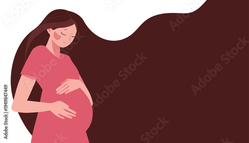 Pregnant woman holding belly wearing pink dress with long hair on abstract background. Flat vector illustration with copy space. Pregnancy and maternity care concept.