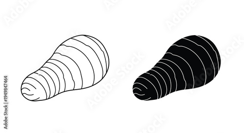 A striking black and white illustration depicts two stylized oblong shapes resembling curled or segmented organisms high quality professional detailed modern