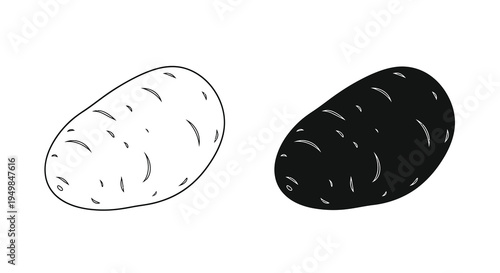 A minimalist black and white illustration depicts two potatoes one light and one dark showcasing their organic shapes and textures