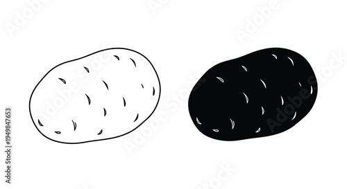 A simple black and white illustration depicts two potatoes one light and one dark side by side high quality professional detailed