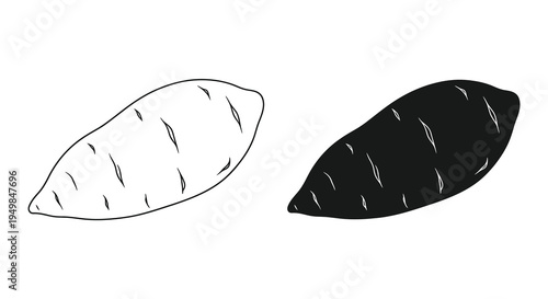 A black and white illustration depicts two sweet potatoes one light and one dark showcasing their organic shape and textured skin