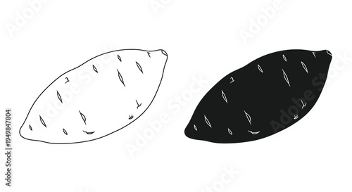 A minimalist illustration depicts two sweet potatoes one in a light outline and the other fully shaded in black