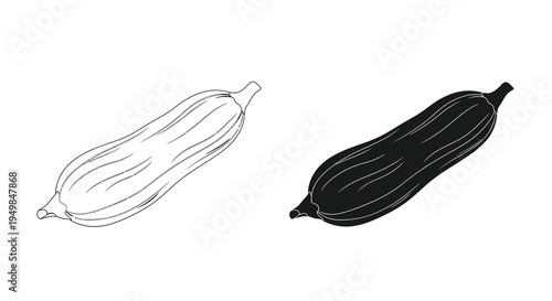 A minimalist black and white illustration depicts two zucchini vegetables in contrasting tones showcasing their elongated shape and ribbed texture