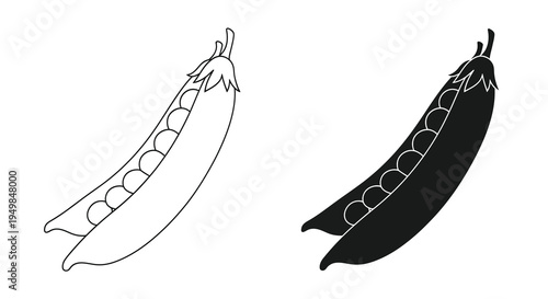 A black and white illustration depicts two pea pods one outlined and the other filled showcasing a simple botanical design