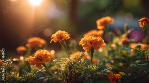 Beautiful Blooming Orange Marigold Flowers in Garden During Golden Hour with Soft Sunlight and Green Foliage