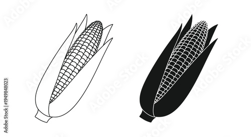 A graphic illustration depicts two corn cobs in contrasting black and white showcasing a simple stylized botanical representation