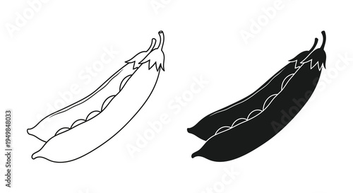 A simple black and white illustration depicts two open pea pods one light and one dark showing the peas inside