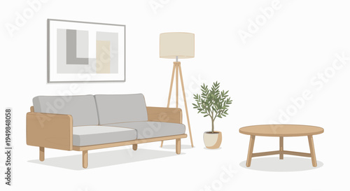 Minimalist scandinavian living room scene featuring a modern grey sofa with wooden accents a tripod floor lamp a small potted plant and a round wooden coffee table against a clean