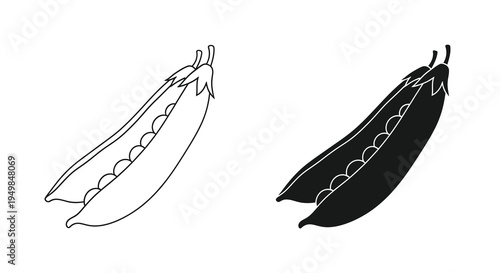 A minimalist black and white illustration depicts two open pea pods one outlined and the other fully shaded showcasing their form