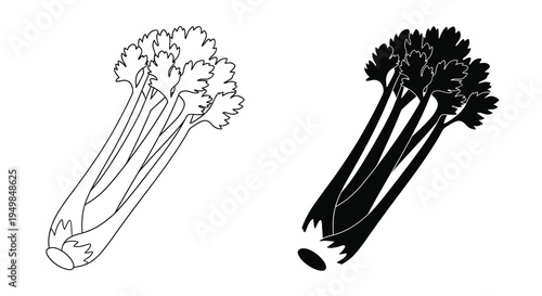 A contrasting pair of celery stalks are depicted in a black and white line drawing style showcasing positive and negative space