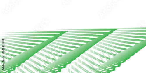 Green striped awnings providing shade and architectural detail.