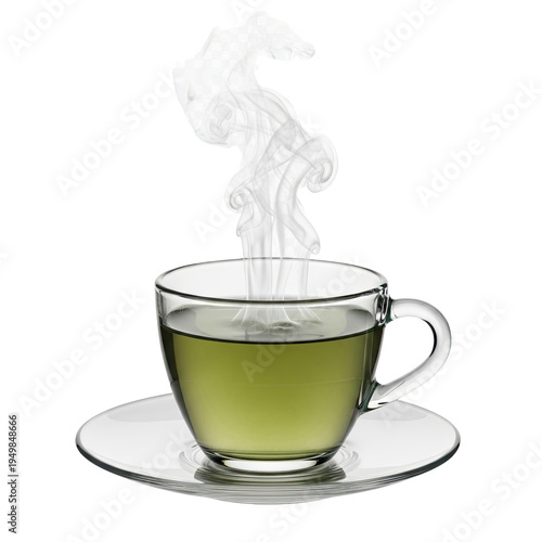 Steaming green tea in a clear glass cup on transparent background