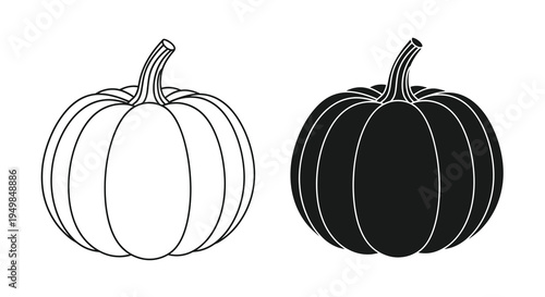 A pair of pumpkins are depicted in contrasting styles one outlined and the other fully shaded in black