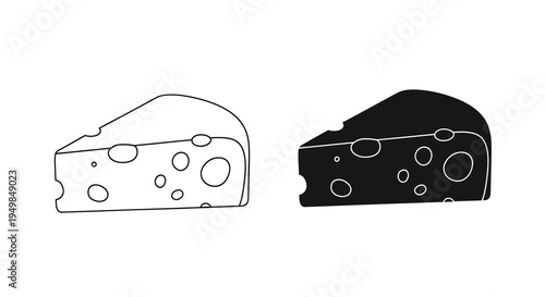 A simple black and white illustration depicts two cheese wedges one outlined and one filled showcasing different visual styles high quality