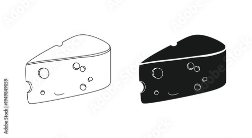 A simple black and white illustration depicts two wedge shaped pieces of swiss cheese one light and one dark high quality professional