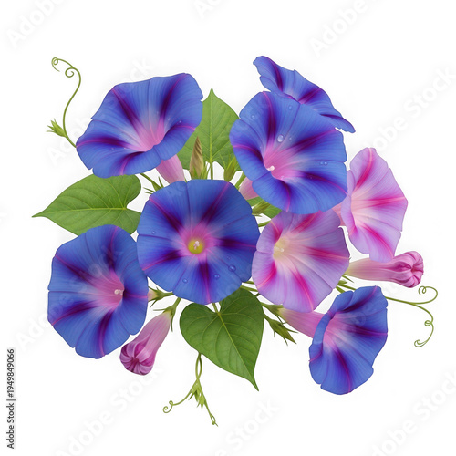 A vibrant cluster of purple and blue morning glory flowers with green leaves isolated on white background
