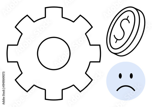 Financial challenges concept. Gear, coin, and sad face icons symbolize economic difficulties and operational challenges. Financial challenges impact business, budgeting, and economic planning
