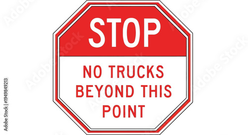 A red and white octagonal road sign indicating no trucks beyond this point is posted on a pole in the middle of a city street.