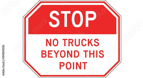 A red and white stop sign with a truck restriction is posted on a pole