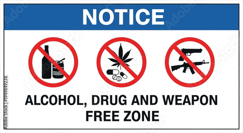 A sign displays three prohibited symbols for a weapon, drug, and alcohol free zone.