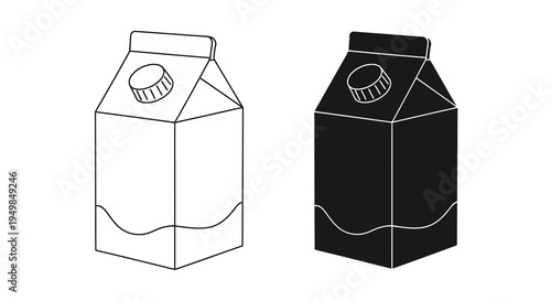 A minimalist depiction of two gable top milk or juice cartons one white and one black presented in a simple line drawing style