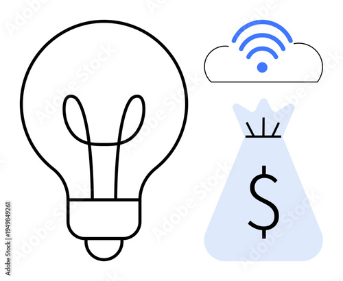 Lightbulb, cloud with wireless symbol, and money bag with dollar sign. Ideal for themes thumbs up innovation, technology, connectivity, finance, entrepreneurship, business strategy and investment