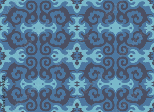 Fabulous style painting. Chinese architectural motif. Damask navy blue wallaper, tribal fabric print. Vector seamless carpet texture