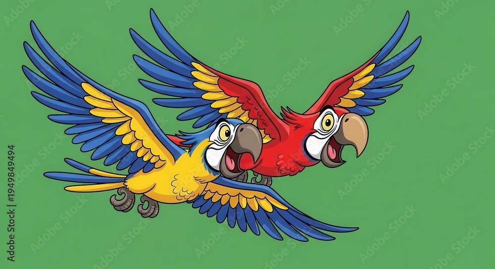 Naklejka premium Colorful Parrots in Flight with Vibrant Green Background
