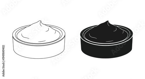 A contrasting depiction of a small cylindrical container filled with a creamy substance shown in both white and black